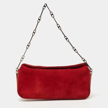 Pre Owned Nina Ricci Red Suede Chainlink Baguette Bag