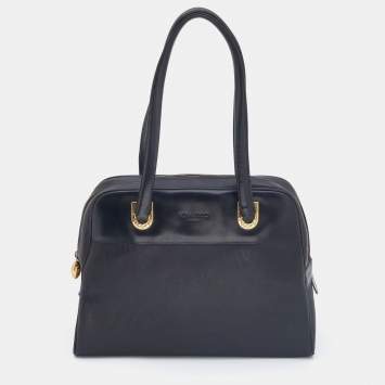 Pre Owned Nina Ricci Black Logo Nylon and Leather Zip Satchel 