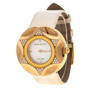 Pre Owned Nina Ricci White Mother Of Pearl Gold Plated Steel Diamonds N024.83 Women's Wristwatch 36 mm