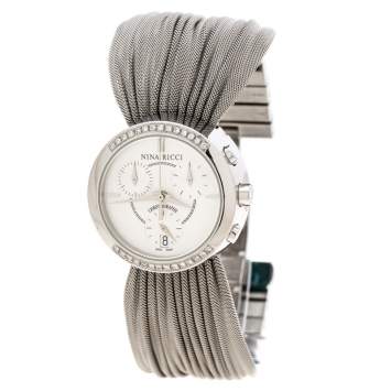 Pre Owned Nina Ricci Silver White Stainless Steel Diamonds N021.15 Chronograph Women's Wristwatch 32 mm