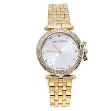Pre Owned NIna Ricci Silver Yellow Gold Plated Stainless Steel Diamond Classic N067013SM Women's Wristwatch 33 mm