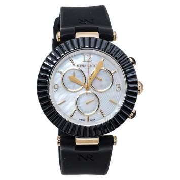 Pre Owned Nina Ricci Mother Of Pearl Black Ceramic Gold Tone Stainless Steel Chronograph Classic N034998SM Women's Wristwatch 40 mm