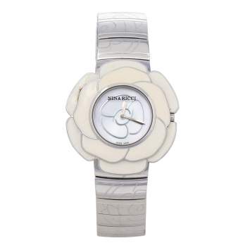 Pre Owned Nina Ricci Mother Of Pearl Enamel Camellia Motif Stainless Steel N051002SM Women's Wristwatch 40 mm