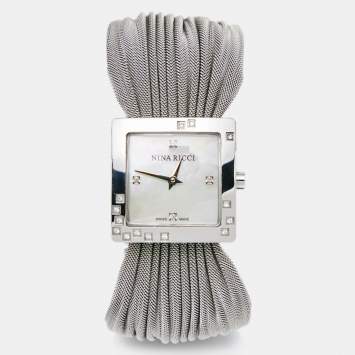 Pre Owned Nina Ricci White Mother of Pearl Stainless Steel Diamond N019.12 Women's Wristwatch 24 mm