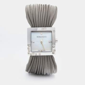Pre Owned Nina Ricci Mother of Pearl Stainless Steel Diamonds N019.12 Women's Wristwatch 24 mm