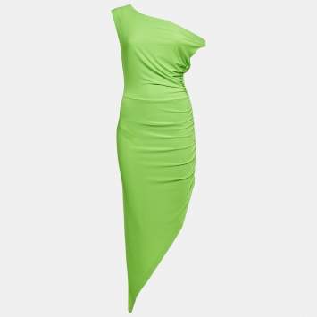 Pre Owned Norma Kamali Neon Green Jersey Ruched One-Should Dress M