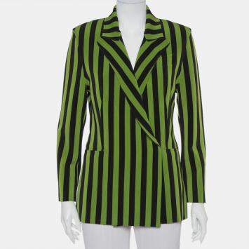 Pre Owned Norma Kamali Green & Black Striped Neoprene Double Breasted Blazer M