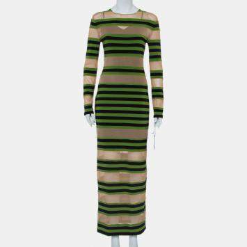 Pre Owned Norma Kamali Beige Mesh & Striped Knit Paneled Spliced Sheer Maxi Dress L