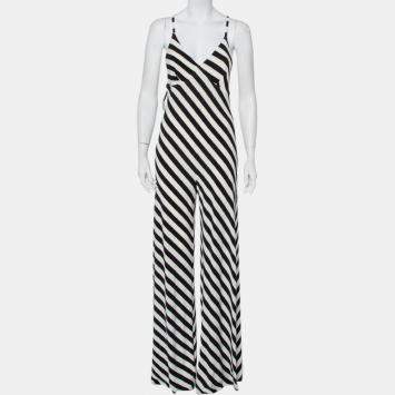 Pre Owned Norma Kamali Monochrome Striped Jersey Wide Leg Sleeveless Jumpsuit M