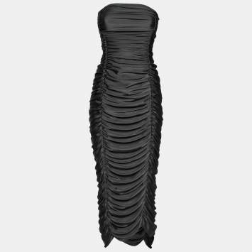 Pre Owned Norma Kamali Grey Stretch Knit Ruched Strapless Midi Dress L