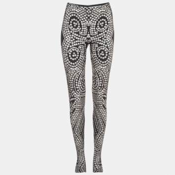 Pre Owned Norma Kamali Black Print Stretch Knit Footie Leggings M