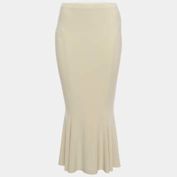 Pre Owned Norma Kamali Beige Stretch knit Fishtail Midcalf Skirt M