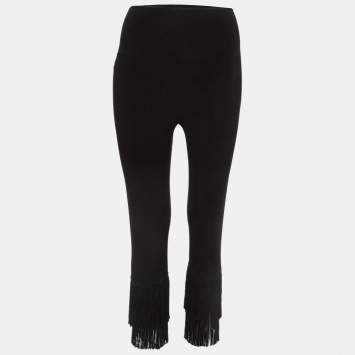 Pre Owned Norma Kamali Black Stretch Knit Fringed Hem Crop Leggings M