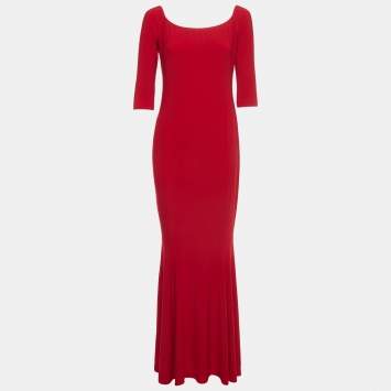 Pre Owned Norma Kamali Red Jersey Off-Shoulder Fishtail Gown L