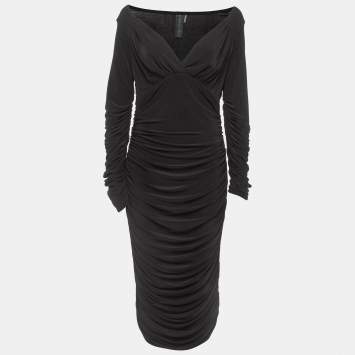 Pre Owned Norma Kamali Black Draped Jersey Long Sleeve Tara Midi Dress L