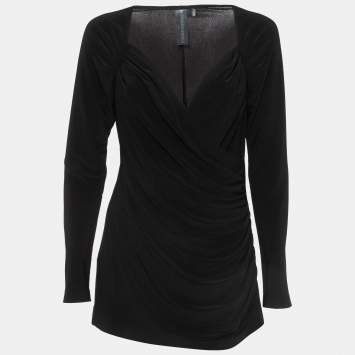 Pre Owned Norma Kamali Black Lycra Sweetheart Side Drape Top L