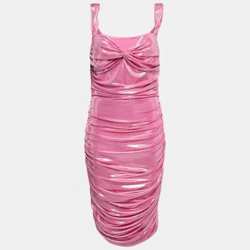 Pre Owned Norma Kamali Pink Lame Walter Wing Sleeves Mini Dress L