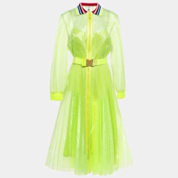 Pre Owned Fendi Neon Yellow Printed Synthetic Pleated Bleated Midi Dress M