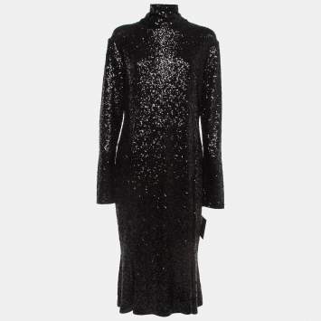 Pre Owned Norma Kamali Black Sequin Detail Fishtail Midi Dress XL