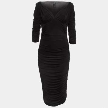 Pre Owned Norma Kamali Black Lycra Shirred Side Detail Tara Midi Dress M