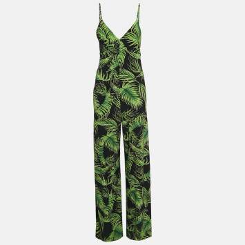 Pre Owned Norma Kamali Black/Green Palm Leaf Print Jersey Slip Jumpsuit M