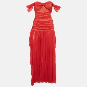 Pre Owned Norma Kamali Red Stretch Mesh Knit Ruched Gown S