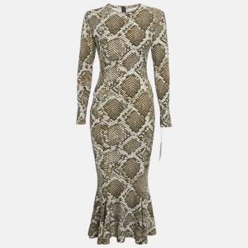 Pre Owned Norma Kamali White/Green Python Print Jersey Fishtail Maxi Dress S