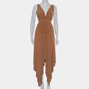 Pre Owned Norma Kamali Camel Brown Knit Ruched Waist &Tie Detail Goddess Dress M