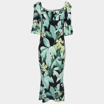 Pre Owned Norma Kamali Green leaf Printed Jersey off-shoulder Fishtail Dress L
