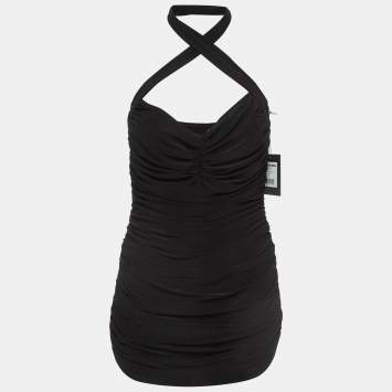 Pre Owned Norma Kamali Black Gathered Jersey Slinky Marissa Strapless Swimsuit XL