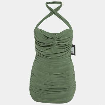 Pre Owned Norma Kamali Green Gathered Jersey Bill Mio Swimsuit XL