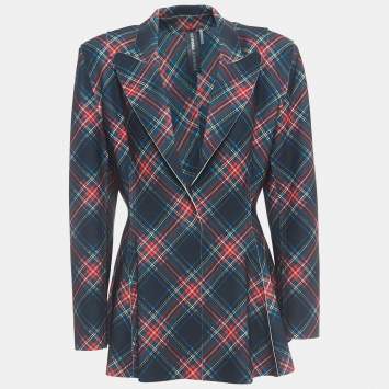 Pre Owned Norma Kamali Multicolor Plaid Jersey Peplum Jacket L