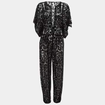 Pre Owned Norma Kamali Black Textured Semi-Sheer Lace Rectangle Jog Jumpsuit L