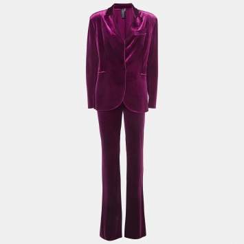 Pre Owned Norma Kamali Burgundy Velvet  Single Breasted Blazer & Pant Set M