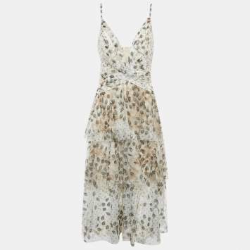 مملوكة مسبقًا Notte By Marchesa Beige Leaf Appliqué Tulle Tiered Midi Dress XL