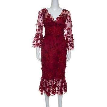 Pre Owned Notte by Marchesa Burgundy 3D Floral Lace Midi Dress M