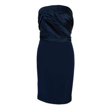 Pre Owned Notte By Marchesa Navy Blue Strapless Satin and Silk Dress L
