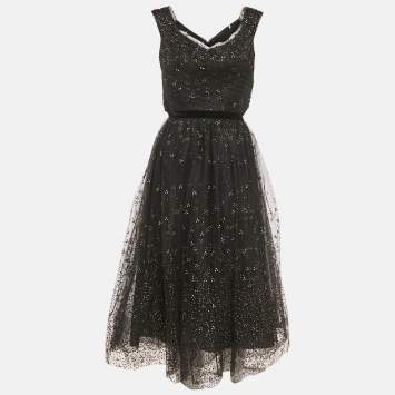 Pre Owned Notte By Marchesa Black Glitter Tulle Off Shoulder Gown M