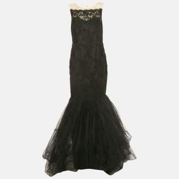 Notte By Marchesa Black Embroidered Tulle Mermaid Gown XL