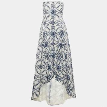 Pre Owned Notte By Marchesa White Floral Print Cotton Blend Strapless High -Low Gown M 
