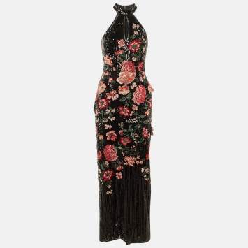 Pre Owned Notte By Marchesa Black Sequin Embroidered Halter Neck Gown S
