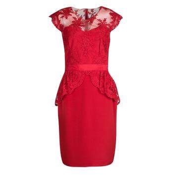 Pre Owned Notte By Marchesa Scarlet Red Embroidered Lace Peplum Dress M
