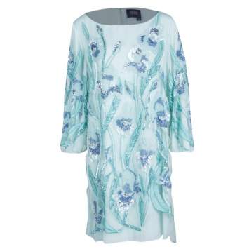 Pre Owned Notte By Marchesa Light Blue Embroidered Embellished Long Sleeve Tulle Dress M
