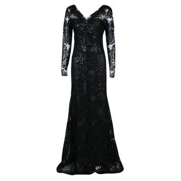 Pre Owned Notte By Marchesa Black Floral Applique Detail Embellished Embroidered Tulle Gown M