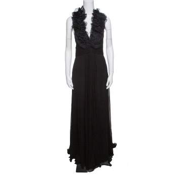 Pre Owned Notte By Marchesa Black Silk Chiffon Ruffle Detail Halter Evening Gown L