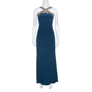 Pre Owned Notte by Marchesa Peacock Blue Embellished Silk Maxi Dress S
