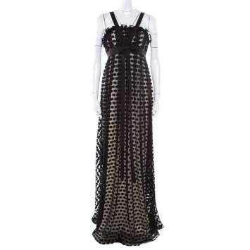 Pre Owned Notte By Marchesa Black Polka Dotted Tulle Bow Detail Gown M