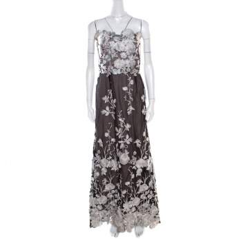 Pre Owned Notte By Marches Black Floral Embroidered Tulle Sequined Strapless Gown L