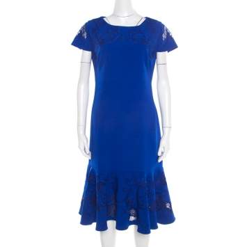 Pre Owned Notte By Marchesa Blue Cutout Floral Embroidered Cap Sleeve Flounce Dress XL