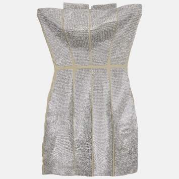 Pre Owned Nué Beige Rhinestone Embellished Jersey Strapless Mini Dress S